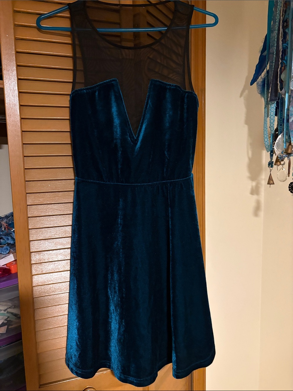 Women’s Teal Velvet Mesh Yoke Dress
